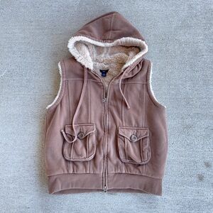 Women's Vintage Y2K Gap Faux Fur Lined Hooded Vest, Tan, Medium